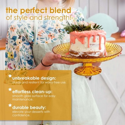 Amici Home Flower Footed Glass Cake Stand, Round Vintage Style Cake Plate, 10” D x 4” H, Amber