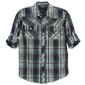 Gioberti Boy's Long Sleeve Roll Up Green Plaid Checked Shirt, Size 4T - 1 of 3