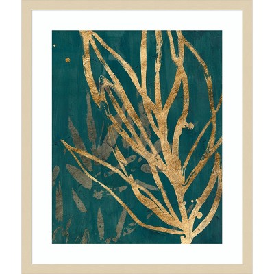 Golden Botanical Leaves on Teal Background Wood Framed Wall Art, 21 x 25 in.
