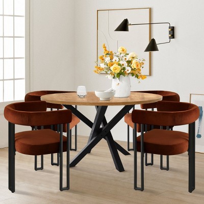 5-Piece Dining Set for 4 Round Dining Table with Velvet Upholstered Chairs and Crossed Metal Legs For Dining Room, Living Room, Farmhouse-Tanpinhause
