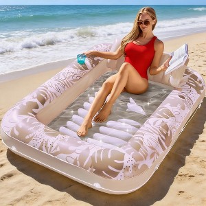 Jasonwell 4-in-1 Inflatable Tanning Pool Lounger, 70"x46" Sunbathing Raft with Pillow, Golden White, Large Float for Adults - 1 of 4