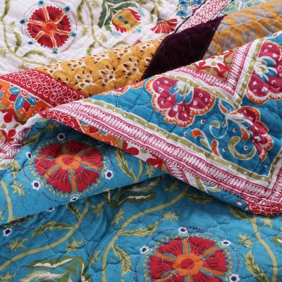 Bohemian Twin-Sized Blue Cotton Quilt Set with Velvet Embellishment