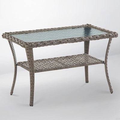 POCASSY Outdoor Coffee Table, 19.7*37.8 Inch Tempered Glass Top Rattan Outdoor Coffee Table with 2-Layer Storage Tables for Garden,Porch,Backyard
