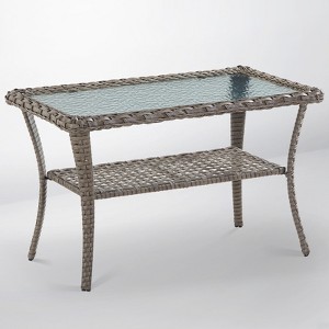 POCASSY Outdoor Coffee Table, 19.7*37.8 Inch Tempered Glass Top Rattan Outdoor Coffee Table with 2-Layer Storage Tables for Garden,Porch,Backyard - 1 of 4