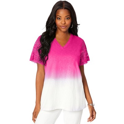 Roaman's Women's Plus Size Lace-Sleeve Ombre Slub Tee