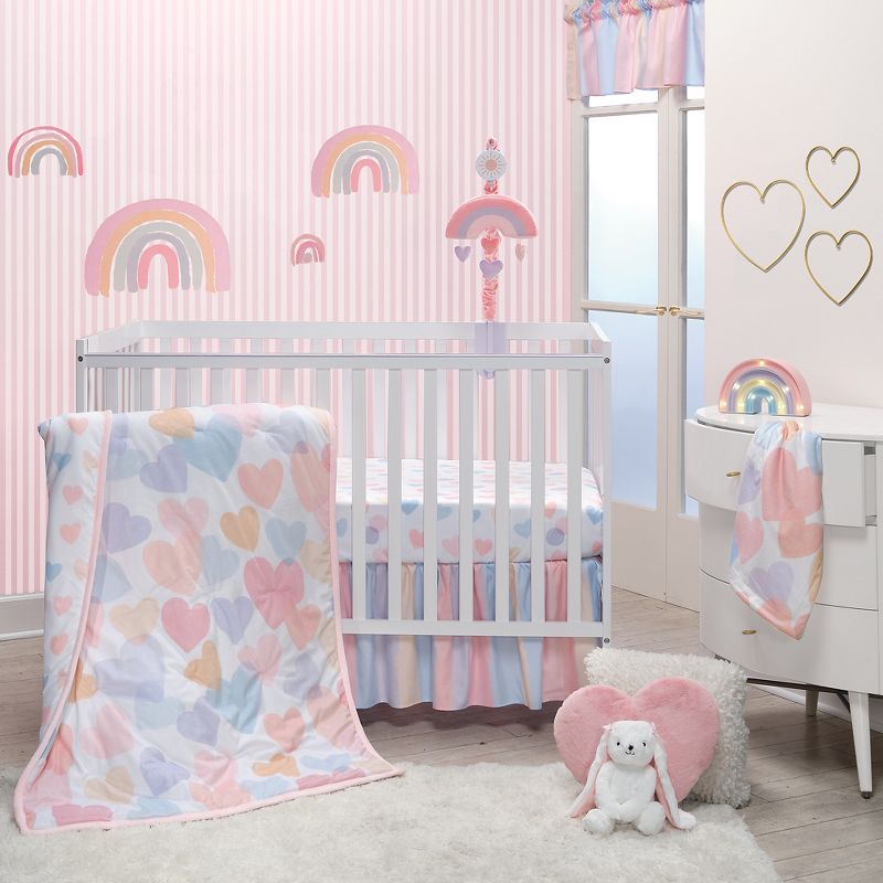 Bedtime Originals Rainbow Hearts Pink/Purple 3-Piece Baby Crib Bedding Set, 1 of 10