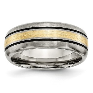 Black Bow Jewelry 8mm Titanium & 14K Gold Inlay Antiqued/Brushed Grooved Band, Size 8 - 1 of 4