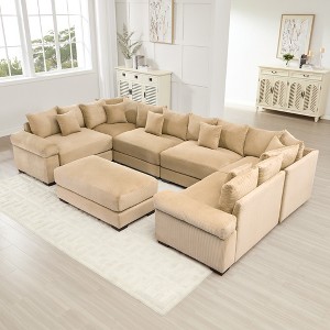 Oversized 137.7" Corduroy Cloud Modular U-Shaped Sectional Sofa with Thick Cushion and Movable Ottoman, 7-Piece Free combination Sofa - 1 of 4