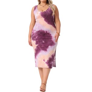 Agnes Orinda Women's Plus Size Side Slits Bodycon Sleeveless Tie Dye Midi Dress - 1 of 4
