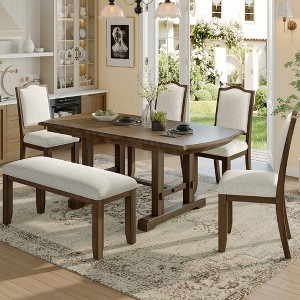 Merax 6-Piece Extendable Dining Table Set with 4 Upholstered Chairs and Bench - 1 of 4