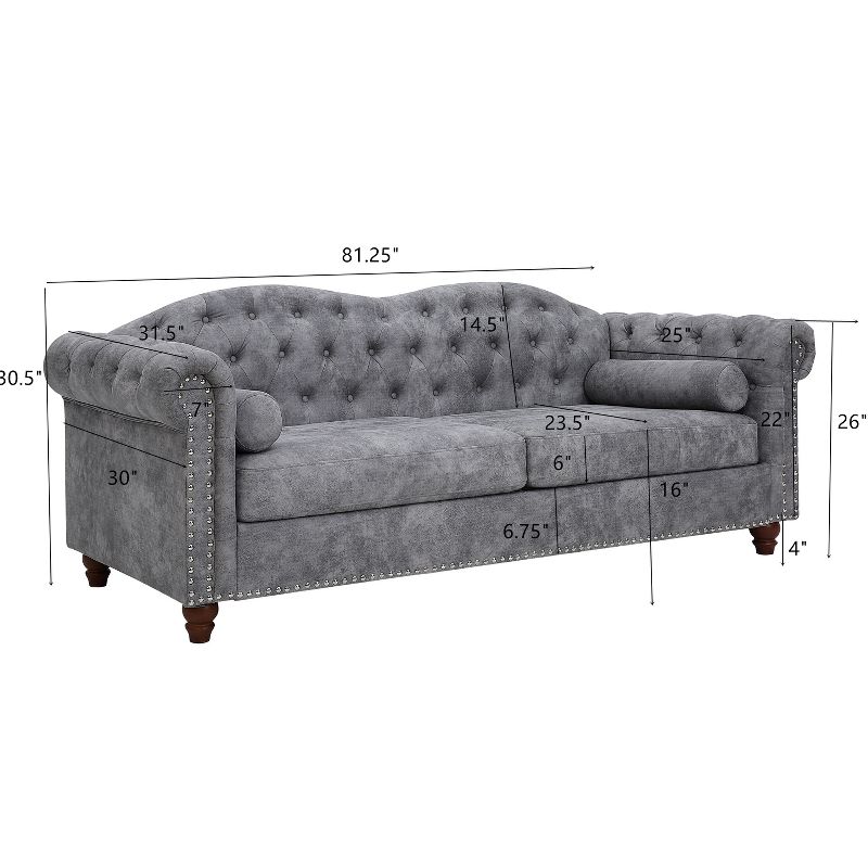 81.25" Chesterfield Classic Upholstered Tufted Sofa Couch with Nailhead Accents, Scrolled Arms, and Turned Legs-ModernLuxe, 3 of 8
