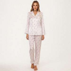 Anna-Kaci Lounge Women's 2-Piece Set Polka Dot Satin Button Front Pajama Top with Ruffle Trim and Matching Relaxed Fit Lounge Pants - 1 of 4