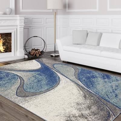 Abstract Swirls 8' x 10' Blue Synthetic Area Rug