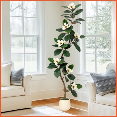 Rubber Tree 5FT Artificial Tree in White Planter Pot,Faux Floor Plant Artificial Plants with 7 Pcs Magnolia Flowers