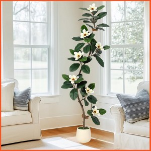 Rubber Tree 5FT Artificial Tree in White Planter Pot,Faux Floor Plant Artificial Plants with 7 Pcs Magnolia Flowers - 1 of 4