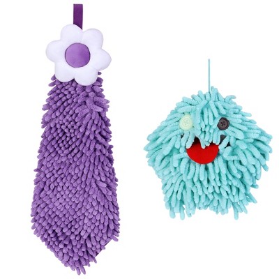 REGALWOVEN 2 Packs Soft Absorbent Flower Pattern Chenille Hand Towel with Loop 6" x 15"/7" x 7"