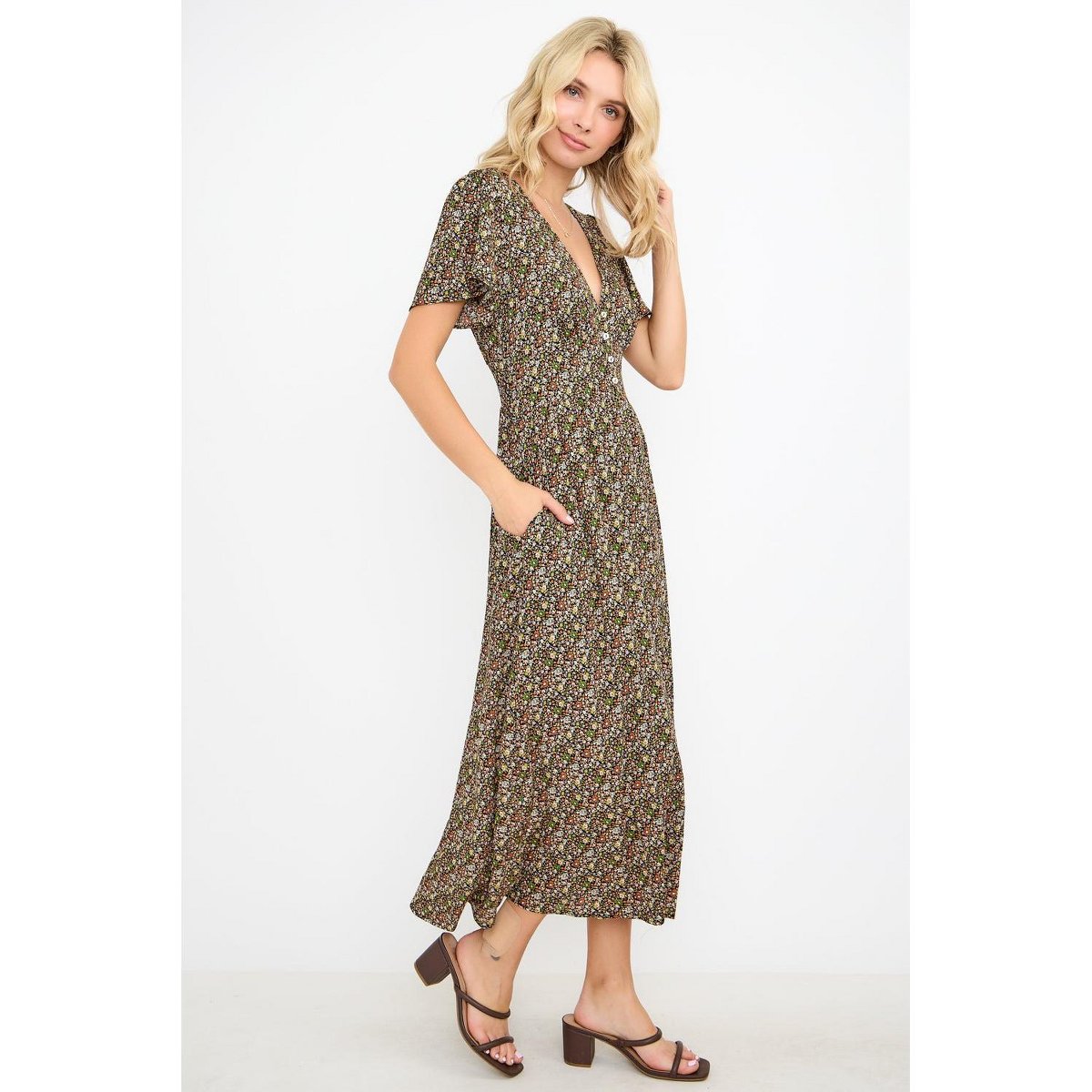 Женские платья West K Ingrid Flutter Sleeve Gauze Midi Dress - Xsmall - Black Orange Ditzy — фото 2