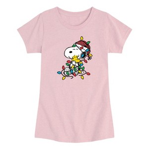 Girls' - Peanuts - Snoopy Woodstock Christmas Lights Short Sleeve Graphic T-Shirt - 1 of 3
