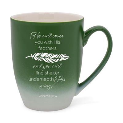 He Will Cover You With His Fears  You Will Find Shelter Underneath His Wings Two Toned Matte Green  White 12 ounce Ceramic Stoneware Coffee Cup Mug