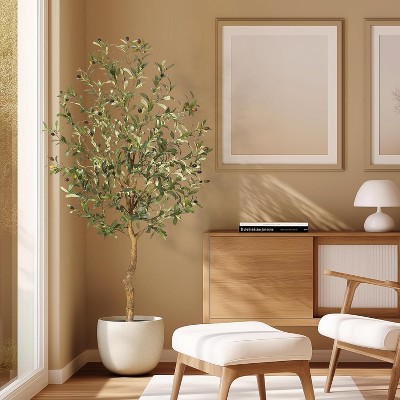 Artificial Olive Tree, Tall Fake Olive Trees with Realistic Trunk, Leaves, Fruits, Fake Olive Trees Potted Topiary Tree with Dried Moss for Home
