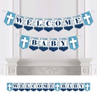 Big Dot of Happiness Blue Elegant Cross - Religious Boy Baby Shower Bunting Banner - Party Decorations - Welcome Baby