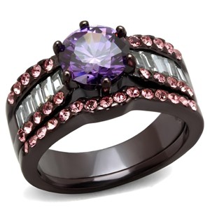 Slickblue Women’s Dual-Band Ring Set, Amethyst CZ with Pink & Clear Accents, Dark Brown Stainless Steel, Sizes 5–10 - 1 of 4