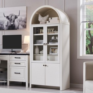 71" Tall Bookshelf, Wooden Arched Bookcase with Glass Doors and Adjustable Shelves, Wooden Display Cabinet with Large Storage Space, White - 1 of 4