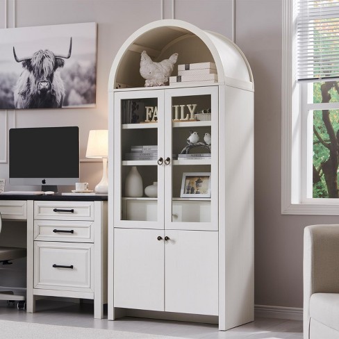 71" Tall Bookshelf, Wooden Arched Bookcase with Glass Doors and Adjustable Shelves, Wooden Display Cabinet with Large Storage Space, White - image 1 of 4