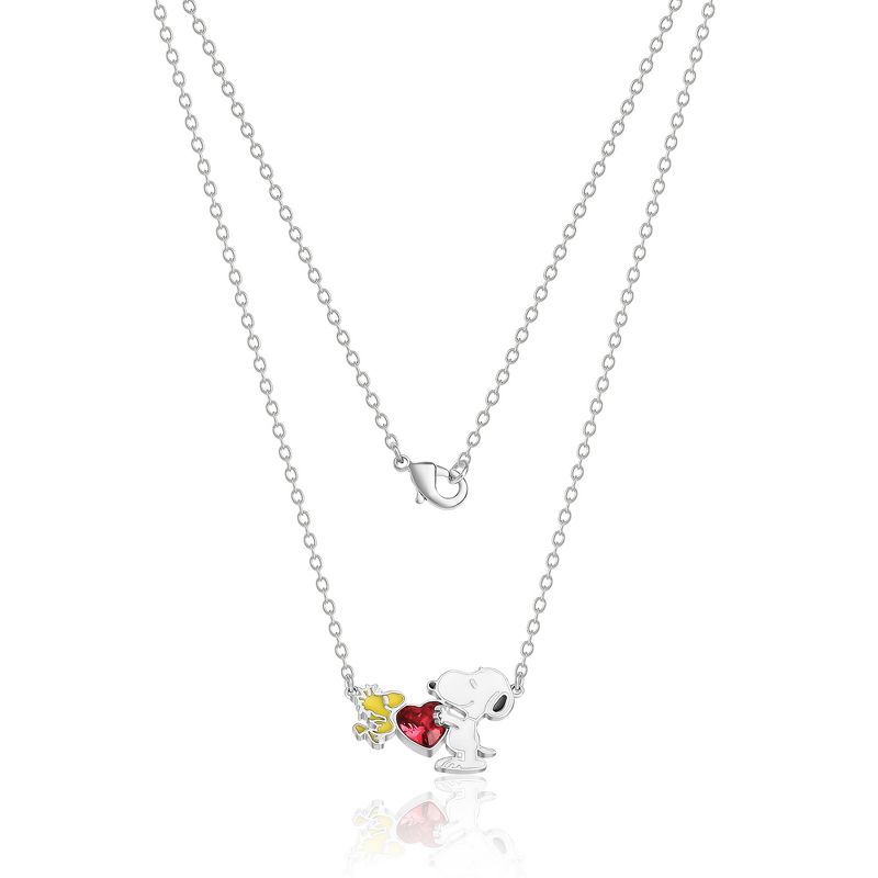 Peanuts Womens Snoopy and Woodstock Red Crystal Silver Plated Heart Necklace, 18'', 4 of 6