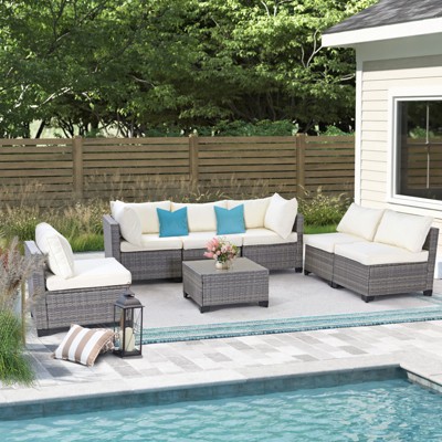 Nertpow 7-Piece All-Weather Gray PE Wicker Patio Conversation Set with Beige Cushions and Coffee Table