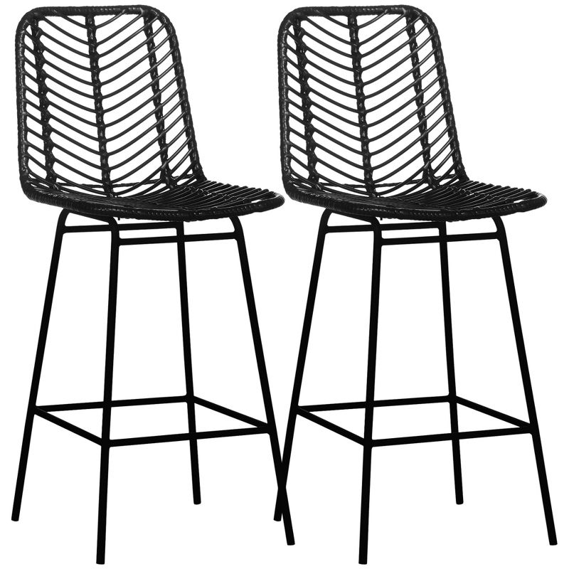 HOMCOM Modern Rattan Bar Stools Set of 2, Breathable Steel-Base Wicker Counter Height Barstools for Kitchen Counter, Black, 1 of 7