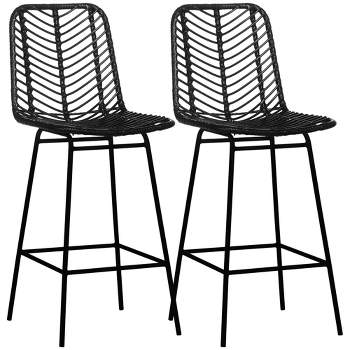 HOMCOM Modern Rattan Bar Stools Set of 2, Breathable Steel-Base Wicker Counter Height Barstools for Kitchen Counter, Black