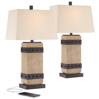 John Timberland Rustic Table Lamp Set of 2 Faux Wood Faux Iron Off White Tapered Rectangular Shade for Living Room Bedroom Bedside