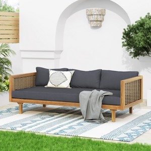 Christopher Knight Home Claremont Acacia and PE Rattan Outdoor 3 Seater Daybed with Cushions - 1 of 4