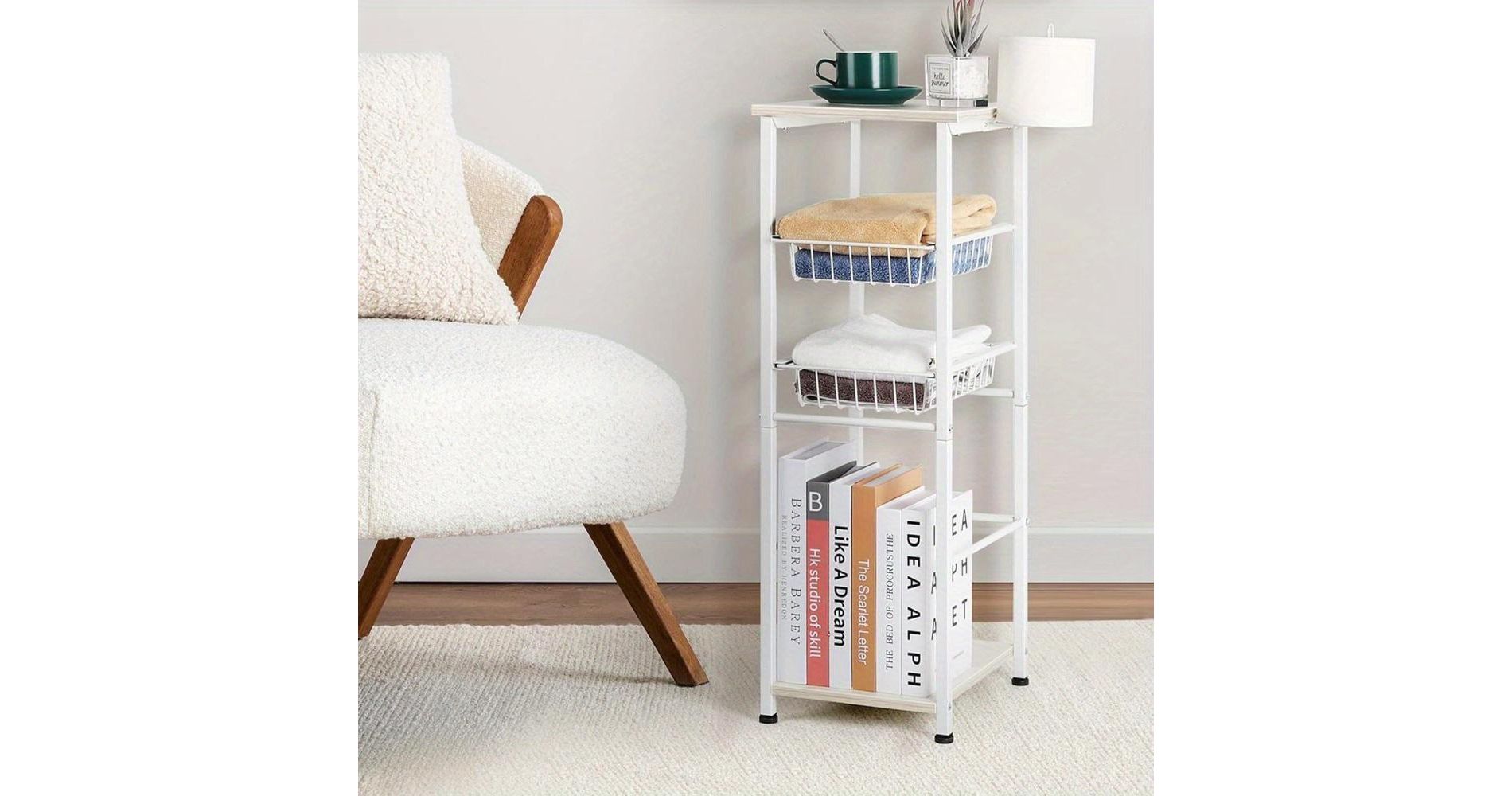 4-Tier Narrow Storage Shelf with Pull-Out Baskets, White Freestanding Organizer
