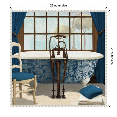 Blue and White Framed Canvas Wall Art with Bathtub Scene