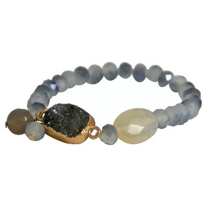 Zirconite Semi-Precious Roundel Beads Stretch Bracelet with Genuine Druzy Stone - Gray, Women