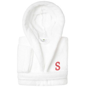Personalized Linum Kids 100% Polyester SUPER PLUSH Double Brushed Hooded Bathrobe in Pink Bookman Font - 1 of 3