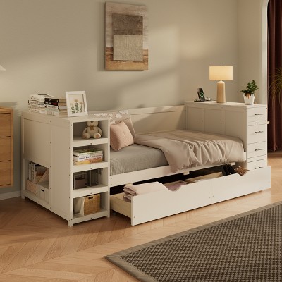 Twin Size Daybed with Storage, Built-In Desk & Charging Station, Wooden Bed with Side Shelves & Drawers/Trundle - ModernLuxe