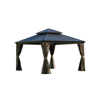 VisioGear Hardtop Gazebo, Aluminum Frame Gazebo with Galvanized Steel Double Roof, Patio Gazebo with Netting and Curtains, Brown, 11.25*11.25*10.08"