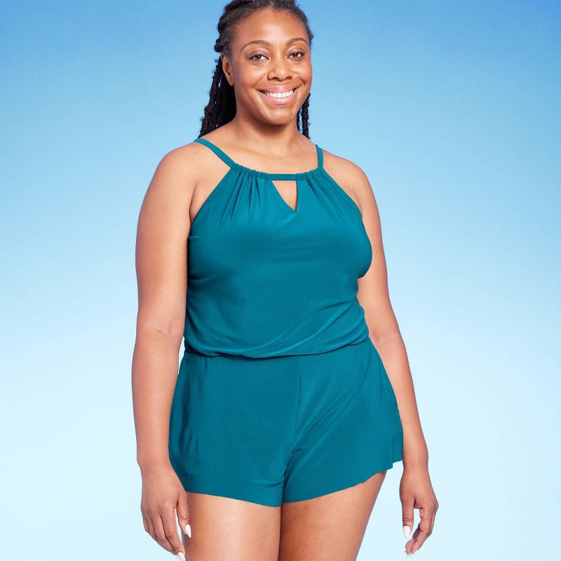 Women's UPF 50 High Neck Swim Romper with Pockets One Piece Swimsuit - Aqua Green®, 1 of 15