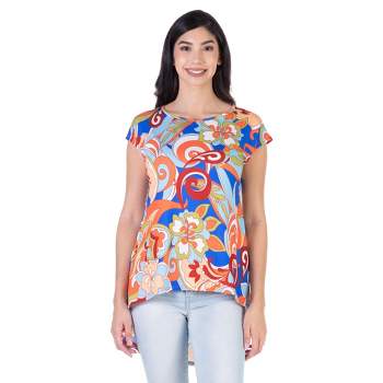 24seven Comfort Apparel Womens Multicolor Floral Short Sleeve High Low Tunic Top