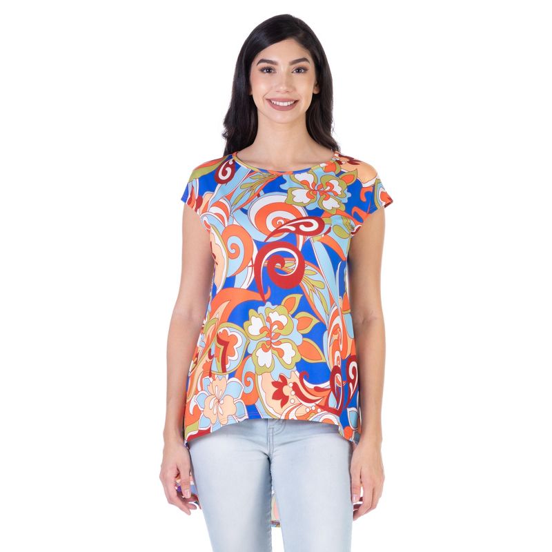 24seven Comfort Apparel Womens Multicolor Floral Short Sleeve High Low Tunic Top, 1 of 5
