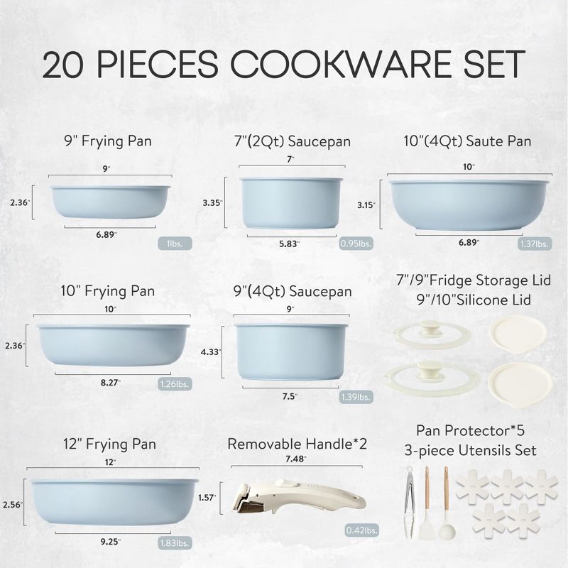 CAROTE Pots and Pans Set Non Stick Cookware Set with Detachable Handle, 20pcs Blue, 2 of 10