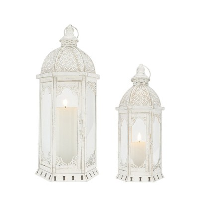 HomeRoots Set of Two White Distressed Ornate Metal Tabletop Lantern Candle Holders