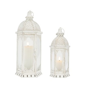 HomeRoots Set of Two White Distressed Ornate Metal Tabletop Lantern Candle Holders - 1 of 4