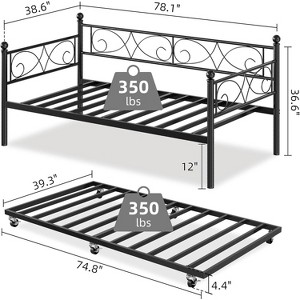 Twin Size Metal Day Bed with Floral Headboard Modern Metal Sofa Bed Frame Heavy Duty Steel Slats Supports - 1 of 4