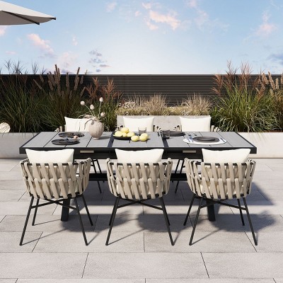 7 Piece Outdoor Patio Dining Set,Extendable Dining Table and 6 Polyester Woven Tape Chairs Set,Metal Garden Dining Set with Cushions-Coolbibila