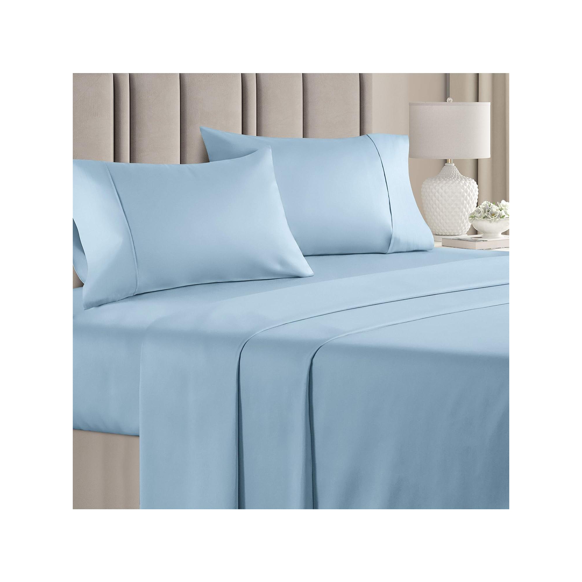 CGK Linens 100% Cotton 400 Thread Count 4 Piece Sheet Set - Soft & Cozy Sateen Bed Sheets in Light Blue, Size Queen
