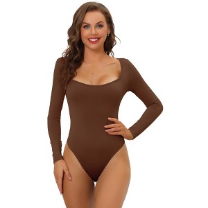 Allegra K Women's Long Sleeve Slim Fit Stretchy Square Neck Leotard Jumpsuit - 1 of 4